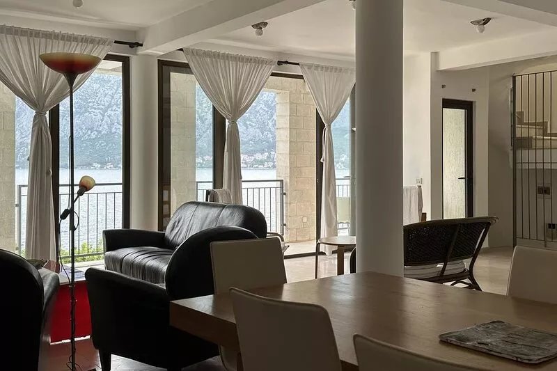 Lovely modern stone villa with pool on the sea front in Prcanj, ME