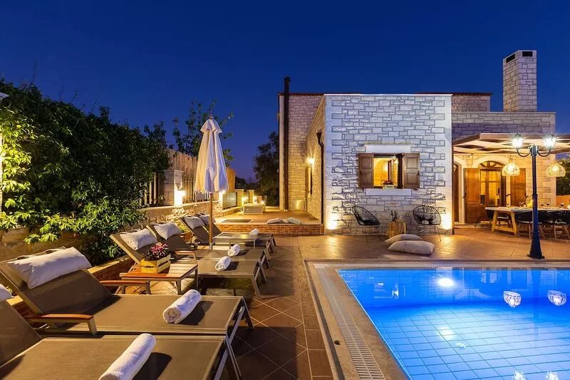 Family villa Myrtia with heated pool, 2 minutes walking to local amenities
