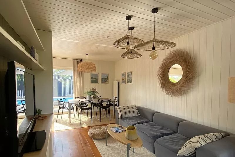 Pleasant wooden house with character, design decoration and swimming pool