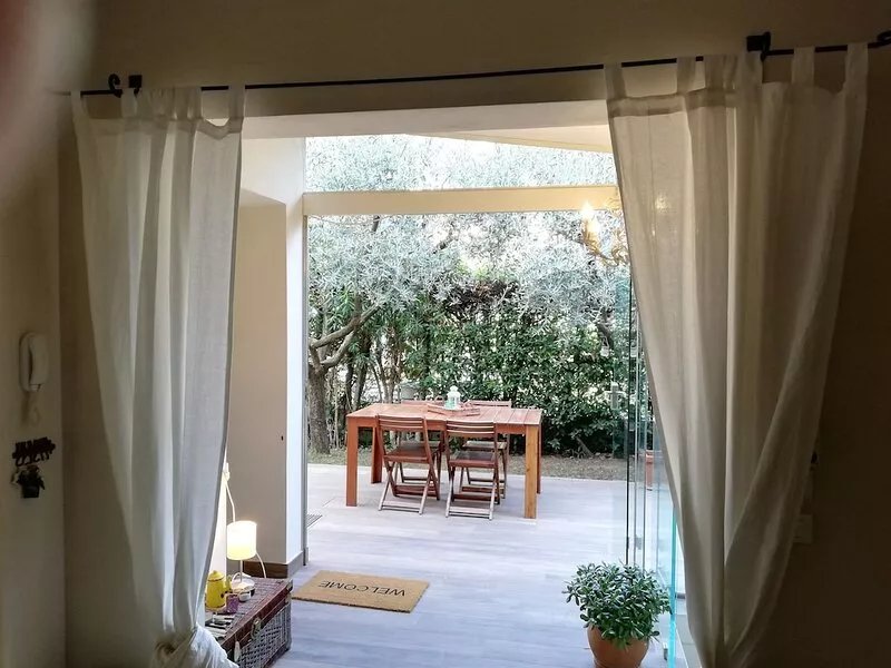 A modern apartment with a cozy garden