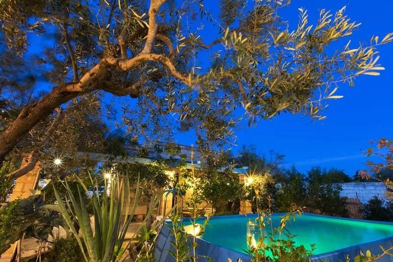 Bright villa with swimming pool surrounded by greenery near the sea