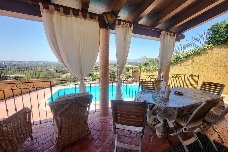 Villa overview flowers with private pool and whirlpool, garden green lawn