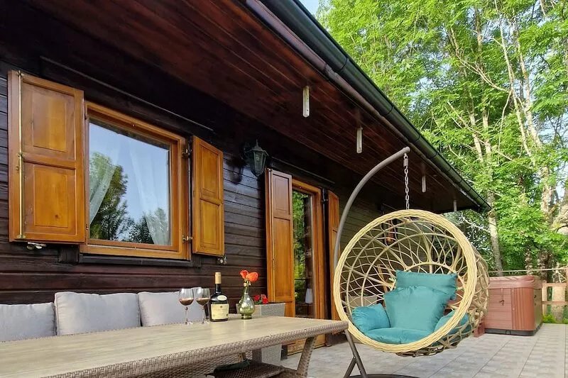 Charming wood house with outdoor hot tub located in National park Plitvice lake.