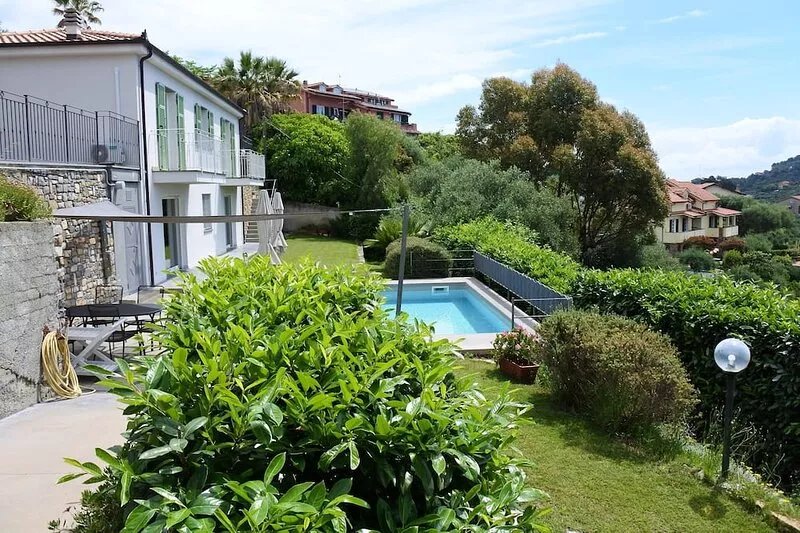 Modern elegant villa private pool terrace overlooking the sea and mountains