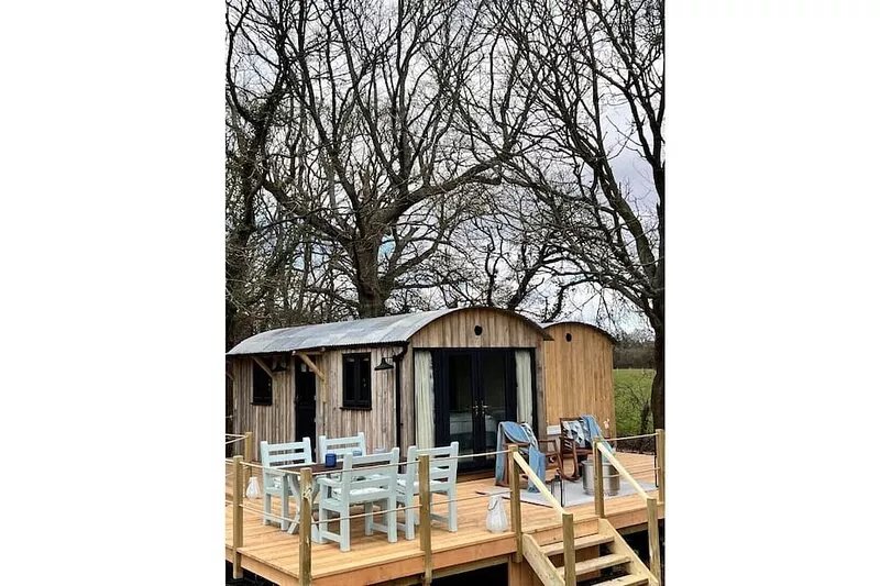 Boutique Shepherds Hut set in a wildflower meadow on a farm with Highland Cows