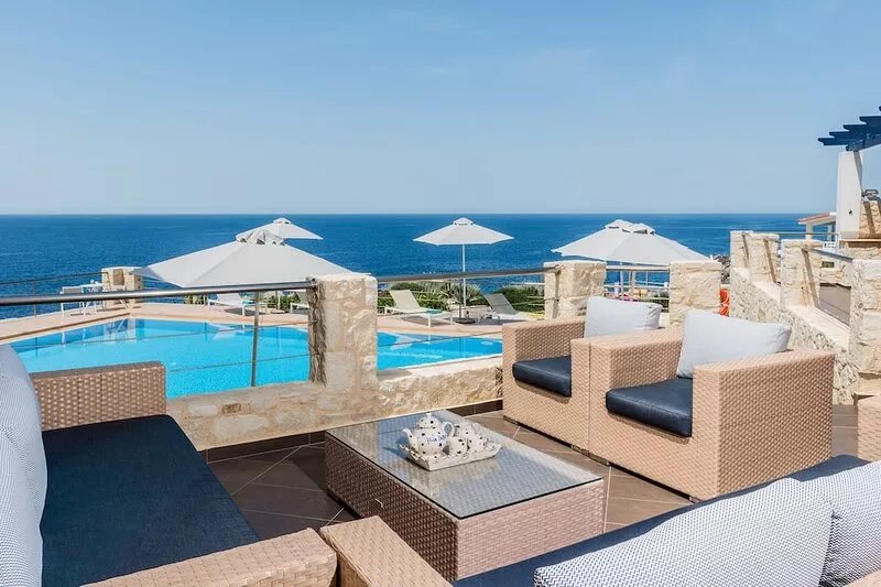 Stunning luxury seafront villa near Stavros, Akrotiri, Crete.