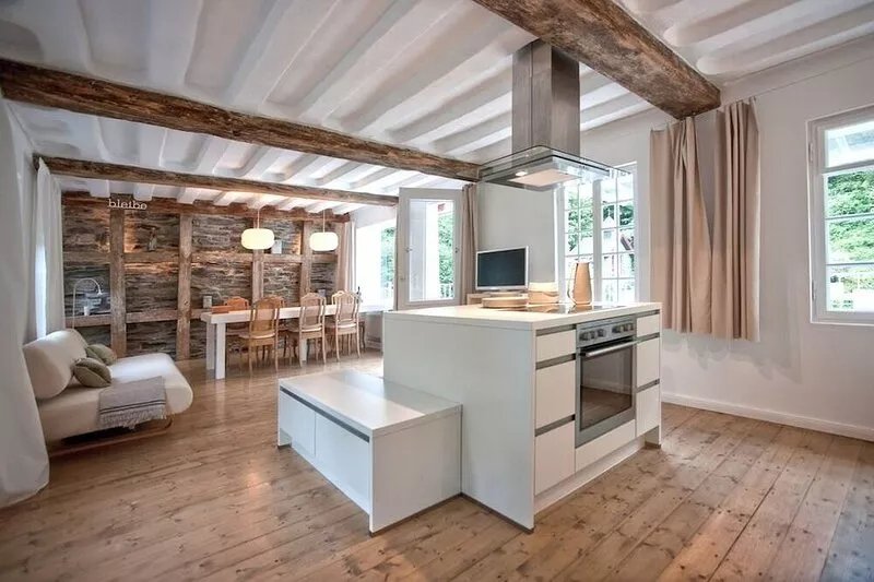 Half-timbered house 18th century, modern design, terrace, river property