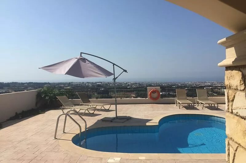 Villa with sundrenched, spacious terrace overlooking the med and Paphos town