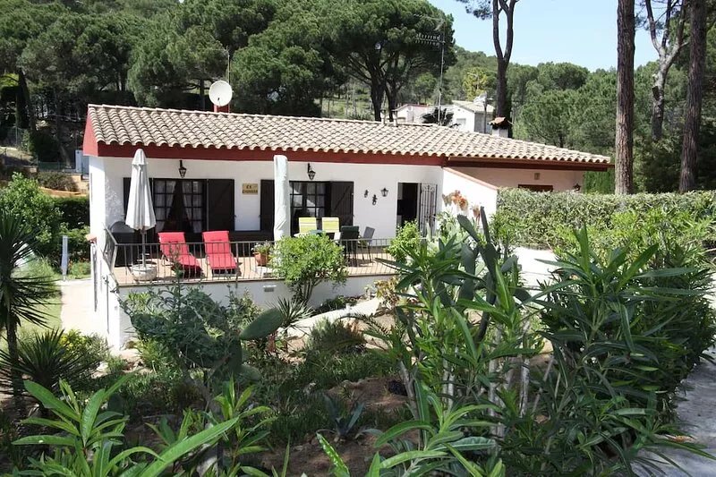 Comf. Vacation home surrounded by beautiful pine trees with sunny seating area