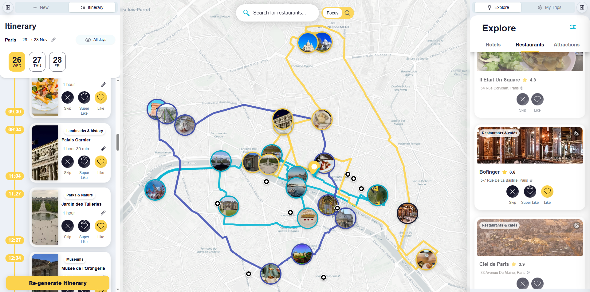 TripAligner App Interface - Interactive map showing optimized trip route with timeline view, hotel booking integration, and full user control over selected places and visit durations
