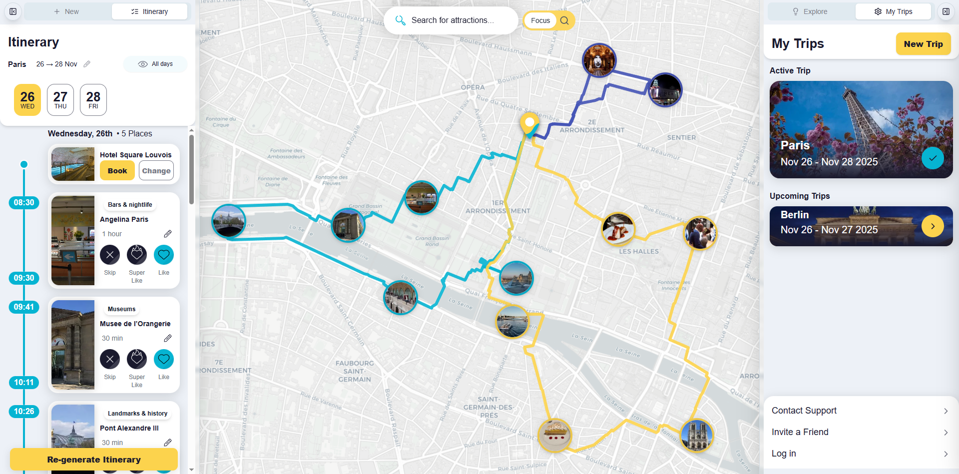 AI-Generated Optimized Itinerary - Timeline view showing optimized daily schedule with travel routes, timing estimates, and activity recommendations based on your preferences