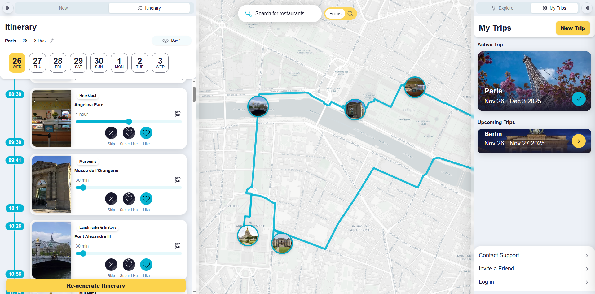 Customizable Timeline & Place Controls - Interactive timeline editor and map showing user-selected attractions, editable visit durations, and schedule adjustments for each stop in the itinerary