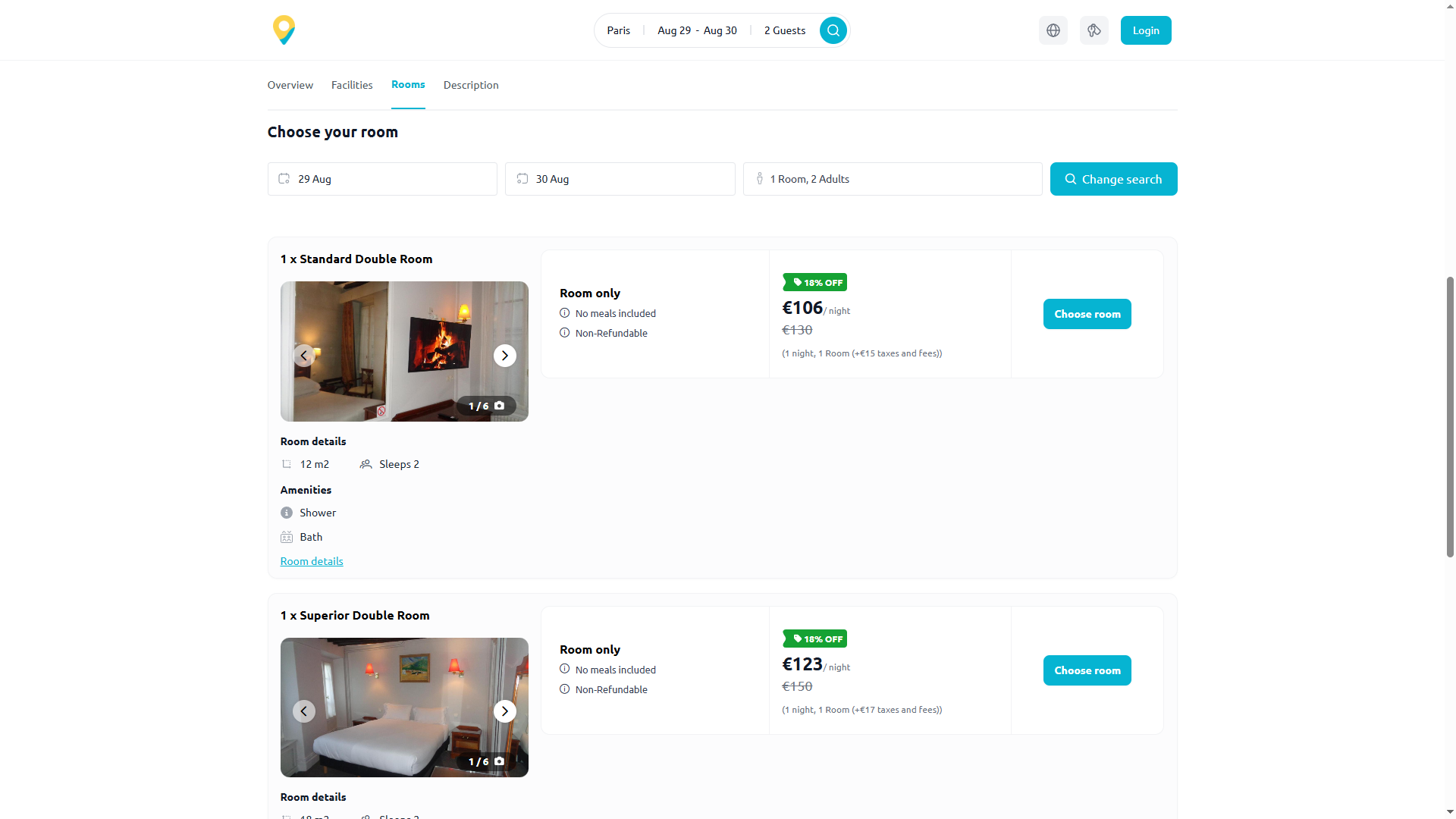 Hotel Booking Interface - Hotel booking interface showing real-time pricing, availability, location selection, and integration with itinerary optimization