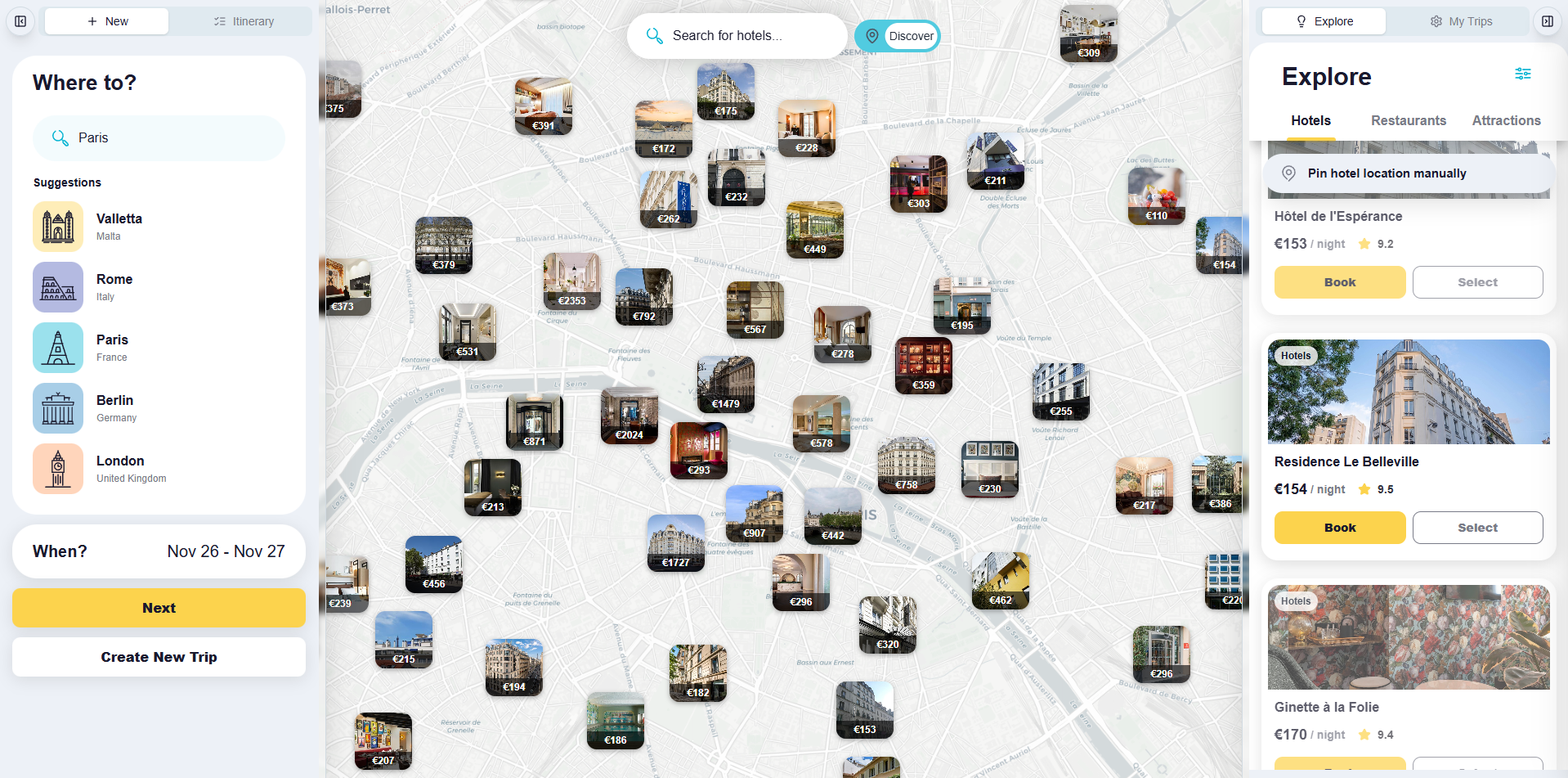 Starting Point Selection Interface - Interactive map showing hotel selection, destination pins, preference settings, and travel date picker with real-time availability
