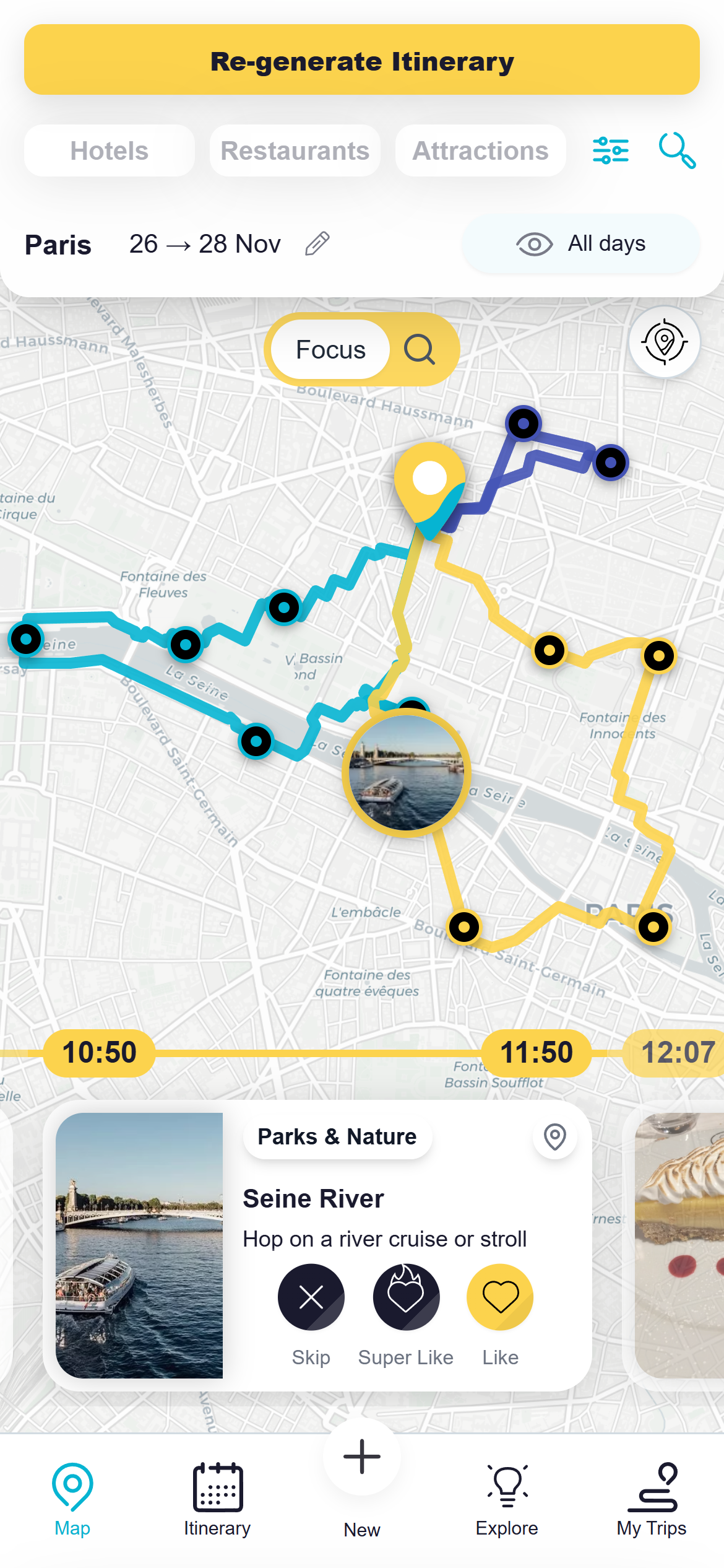 AI-Generated Optimized Itinerary - Timeline view showing optimized daily schedule with travel routes, timing estimates, and activity recommendations based on your preferences