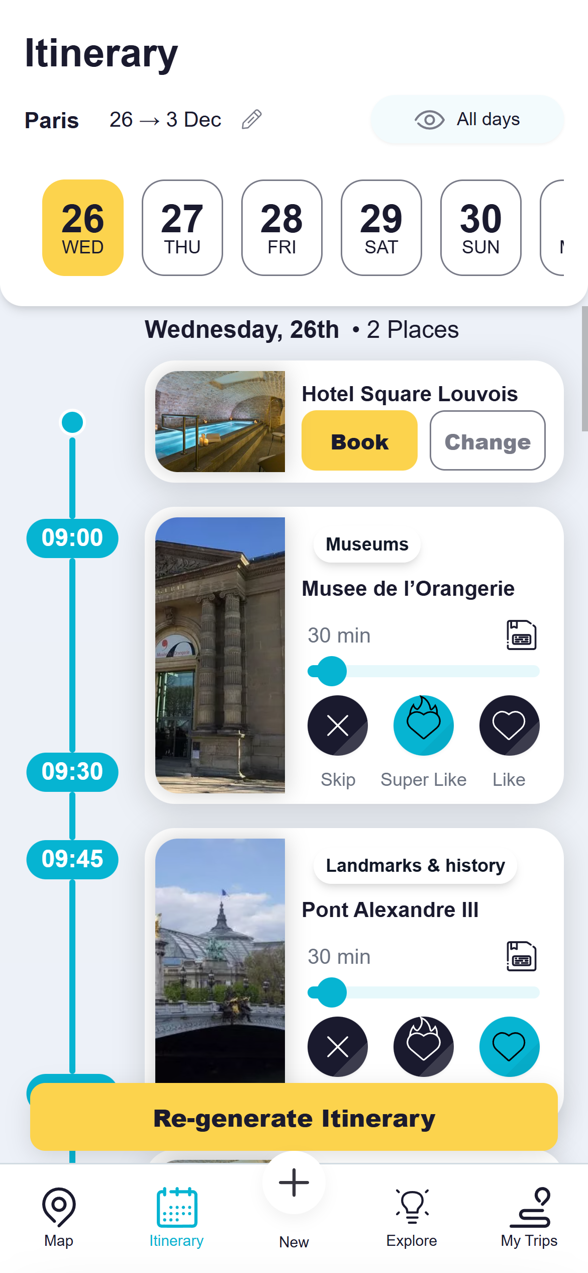 Customizable Timeline & Place Controls - Interactive timeline editor and map showing user-selected attractions, editable visit durations, and schedule adjustments for each stop in the itinerary