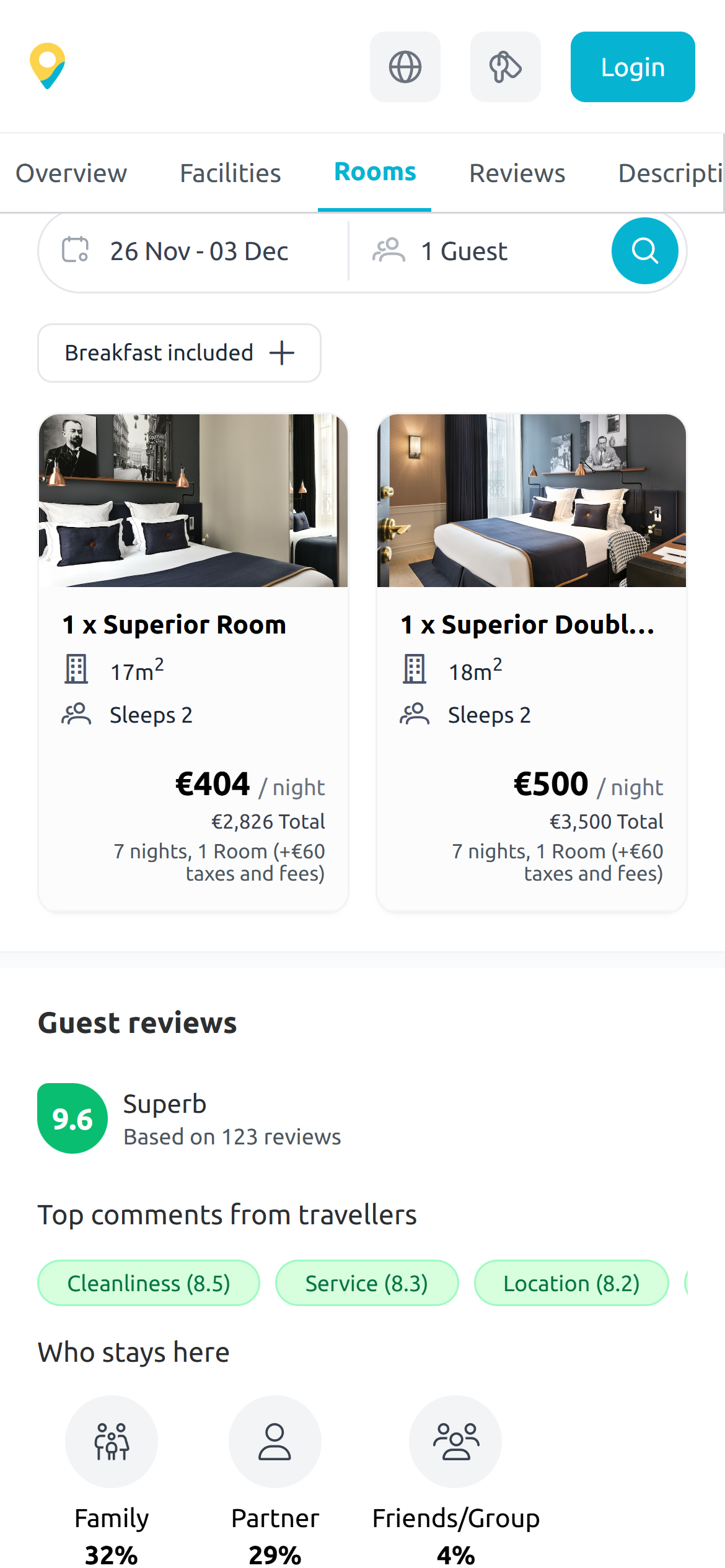 Hotel Booking Interface - Hotel booking interface showing real-time pricing, availability, location selection, and integration with itinerary optimization