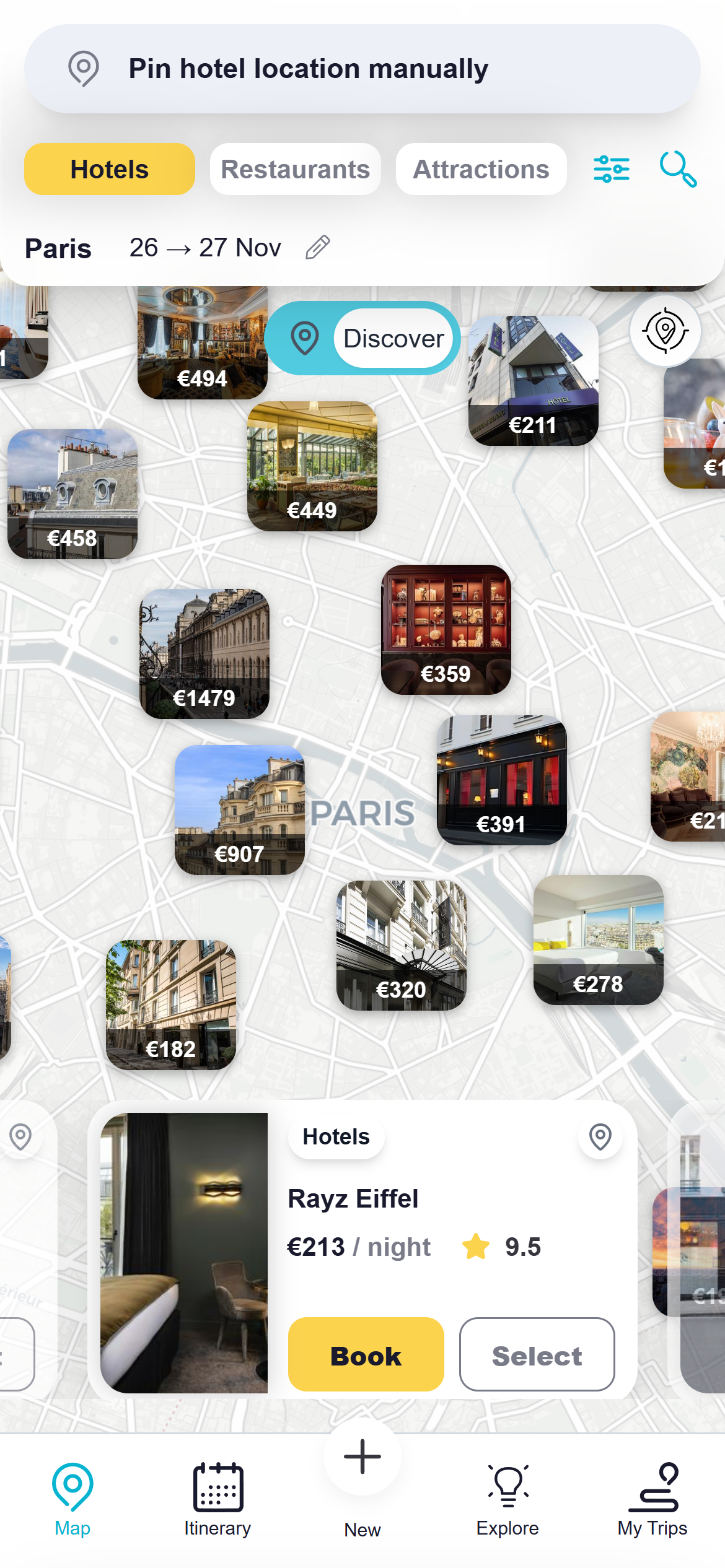 Starting Point Selection Interface - Interactive map showing hotel selection, destination pins, preference settings, and travel date picker with real-time availability